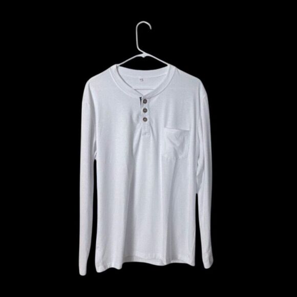 Mens White Long Sleeve Henley Shirt With Pocket 65% Cotton 35% Polyester - Picture 1 of 6